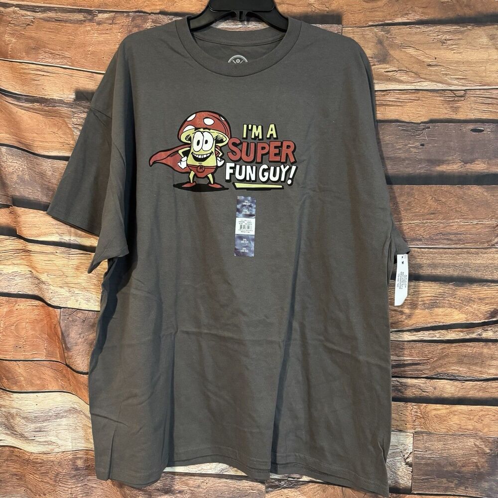 Humor Men's I'm a Super Fun Guy Mushroom Graphic Tee 2XL DOM Grey Funny Pun NWT
